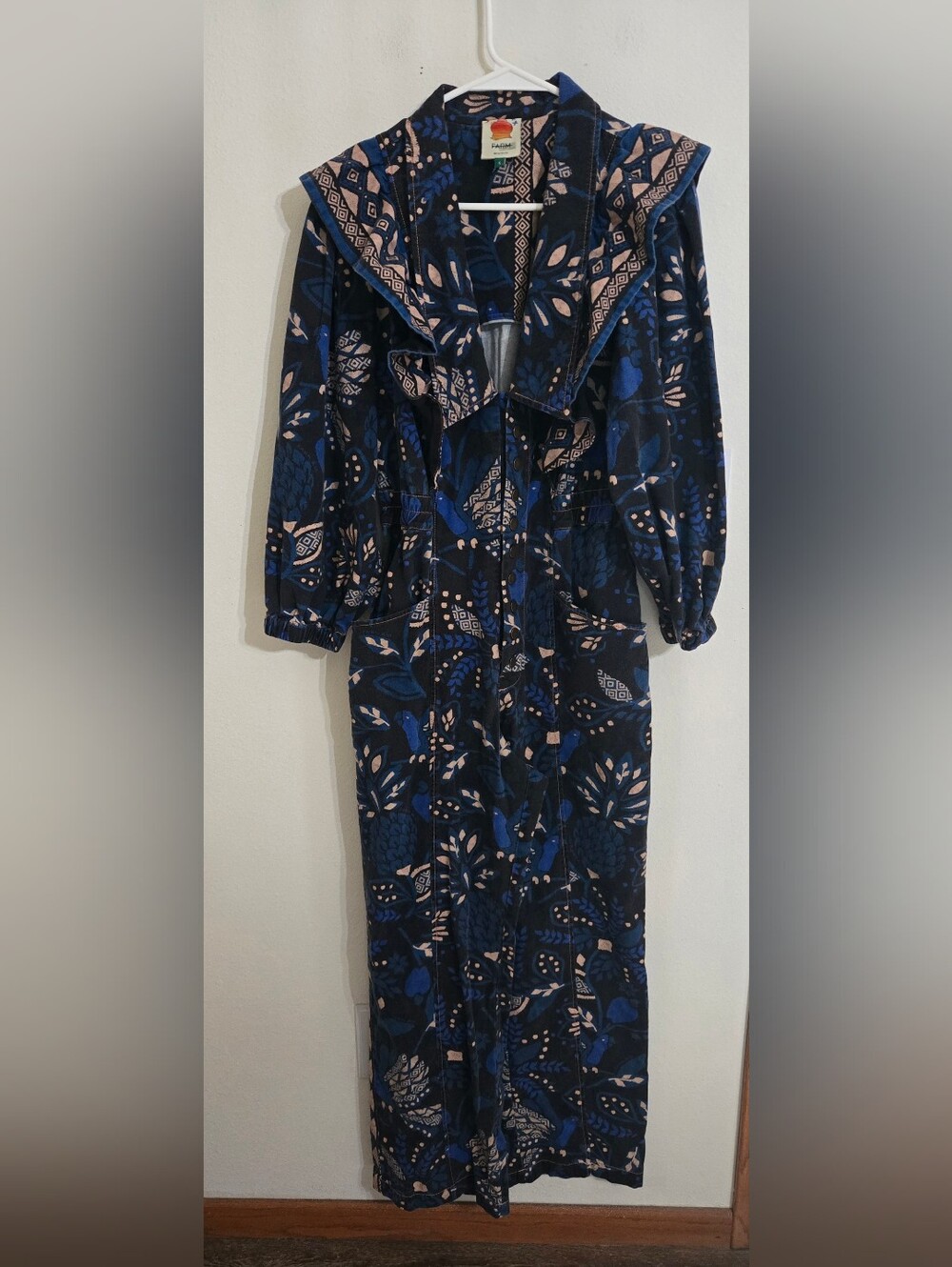 Farm Rio Vintage Floral Navy Jumpsuit with Ruffle Collar
